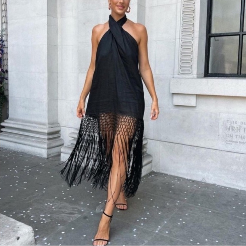 Zara Black Halter Dress with Fringe Detail